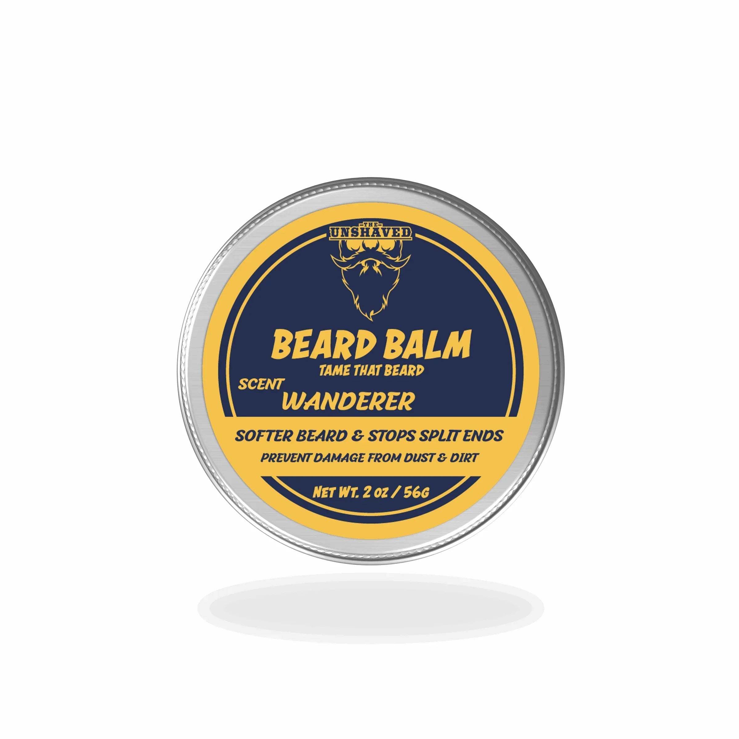 Beard balm tin labeled 'Wanderer' scent for beard care, 2oz, on white background