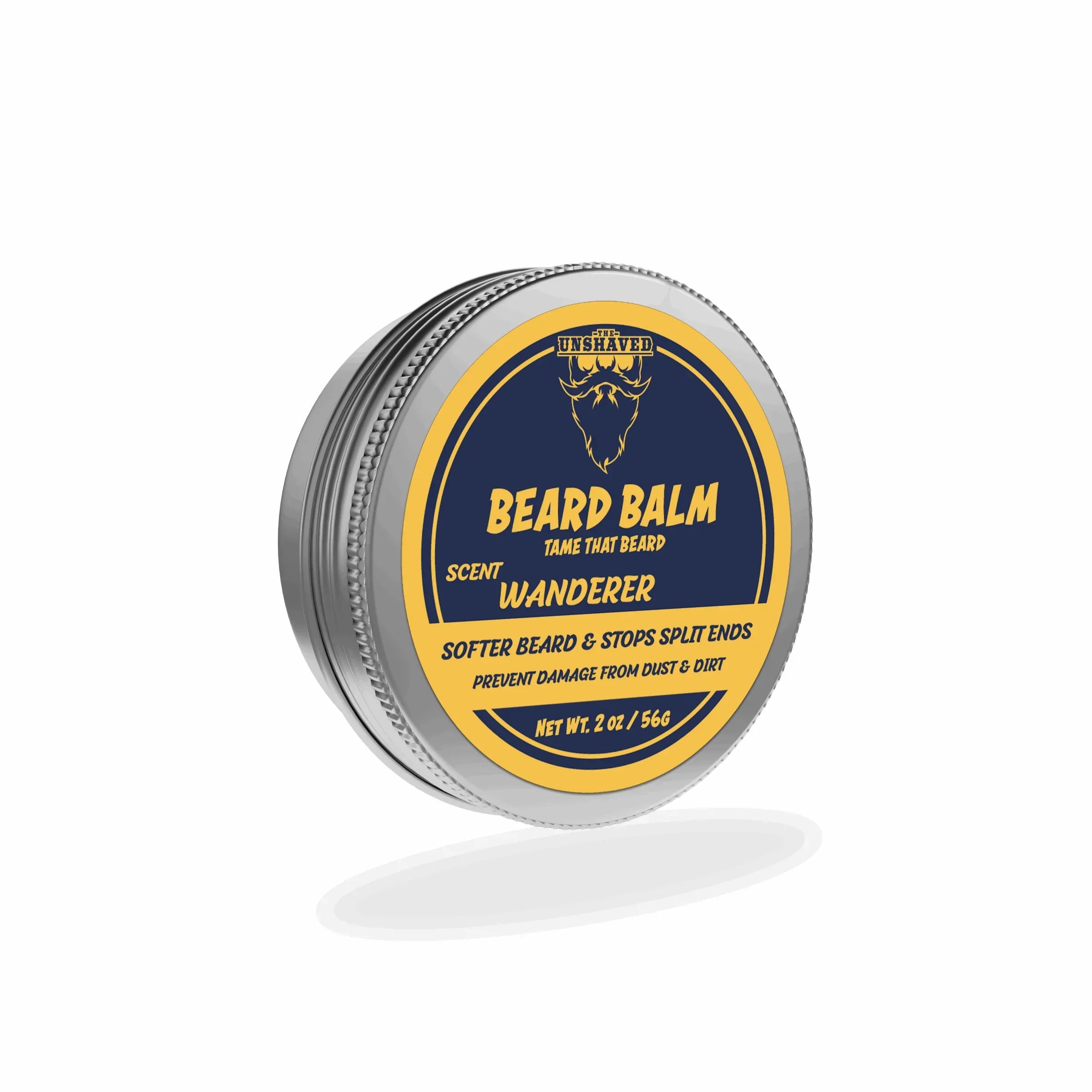 Beard balm tin labeled Wanderer scent, natural beard care product, 2 oz, yellow and navy design