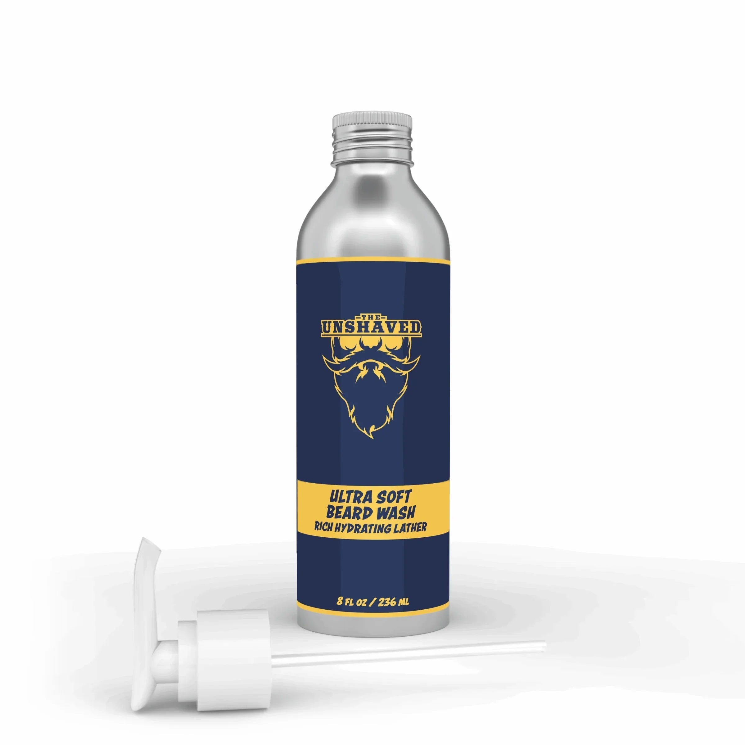 Ultra soft beard wash bottle with pump, hydrating lather, blue and yellow label