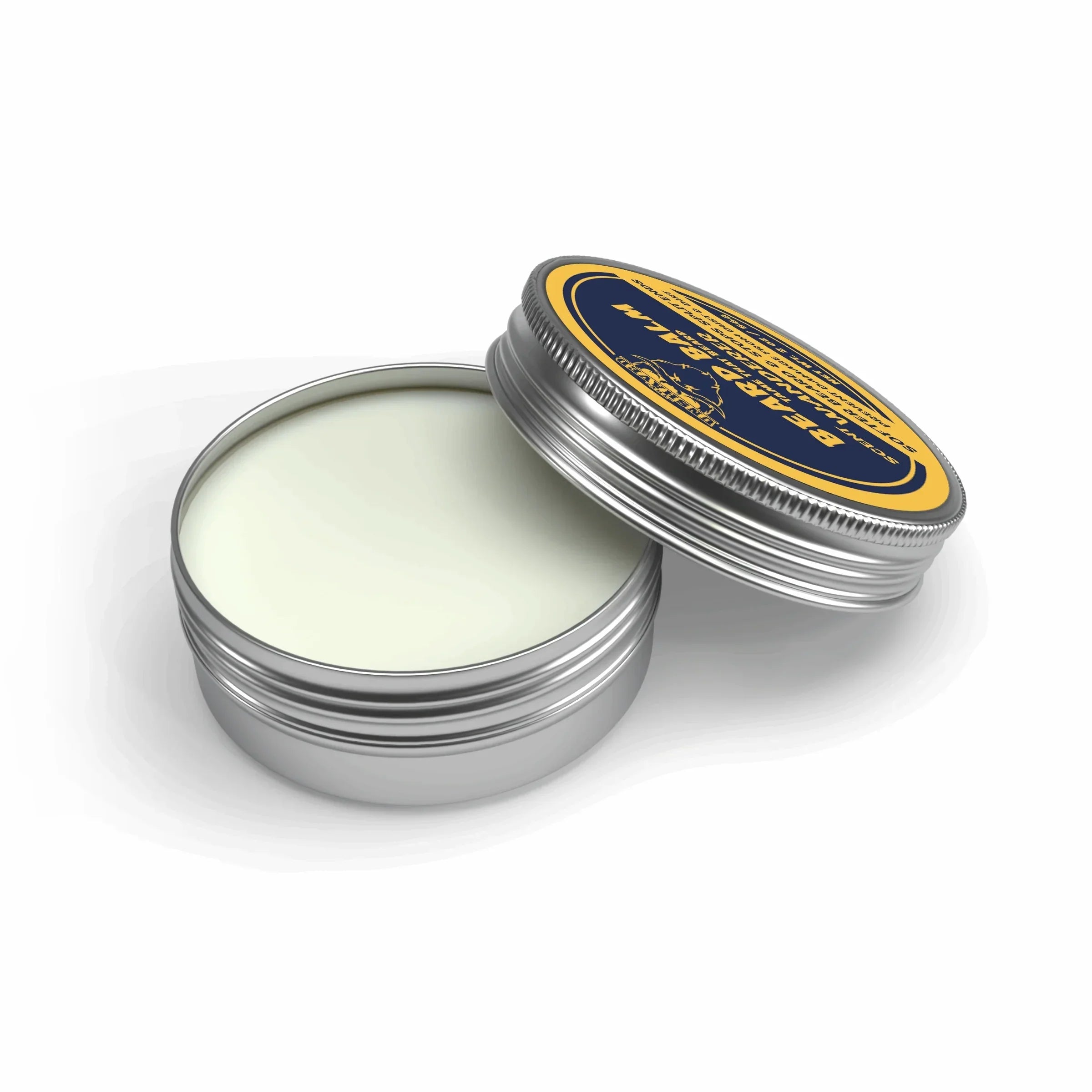 Open tin of natural beard balm with yellow and blue label on white background