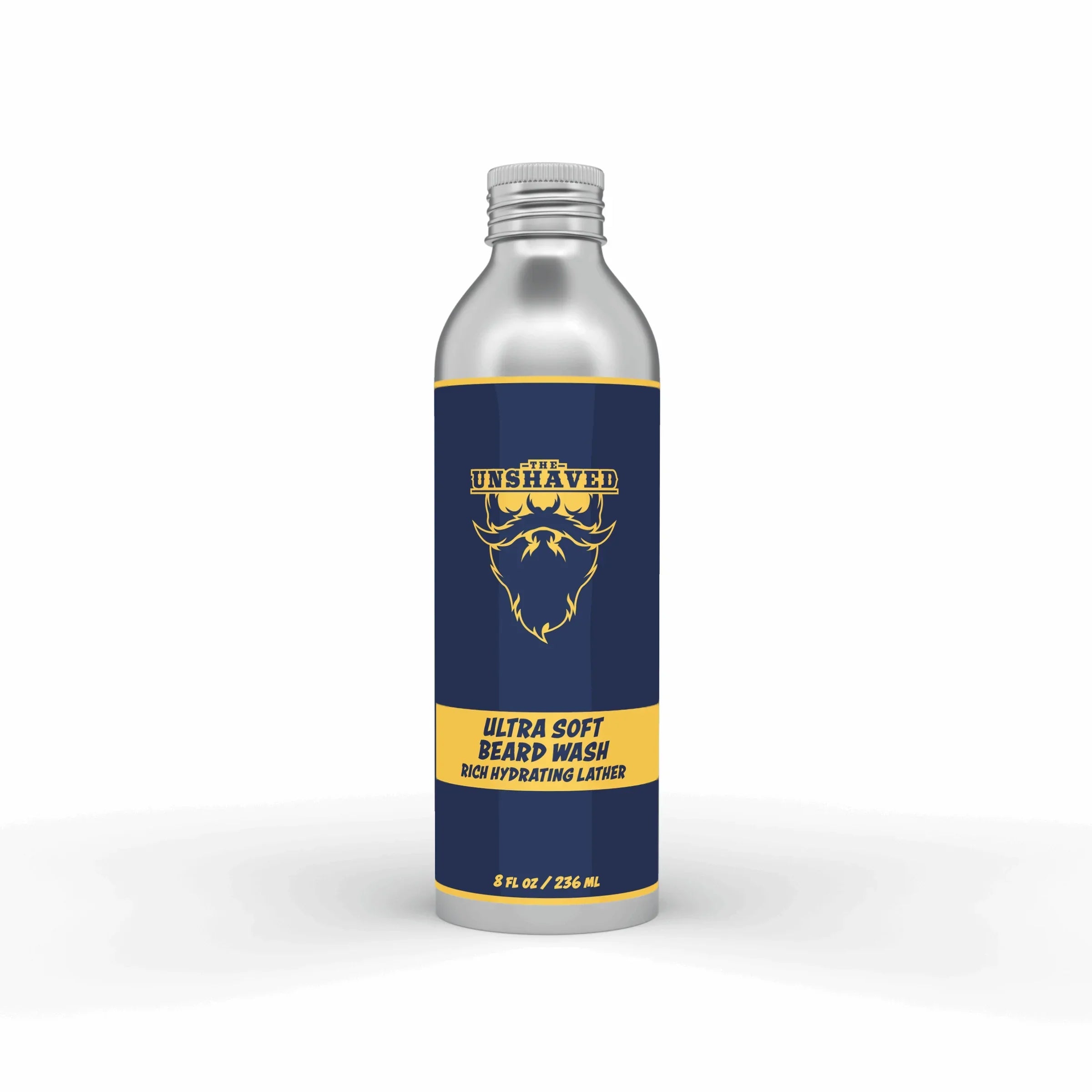 Silver bottle of Ultra Soft Beard Wash with blue and yellow label, 8 fl oz, hydrating lather