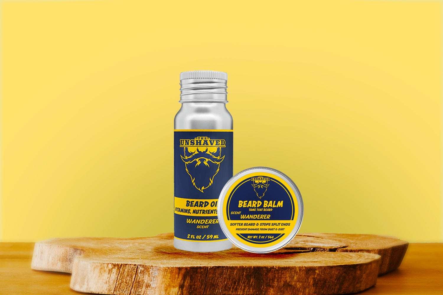 Beard oil and beard balm duo with blue and yellow labels on wooden platform, yellow background