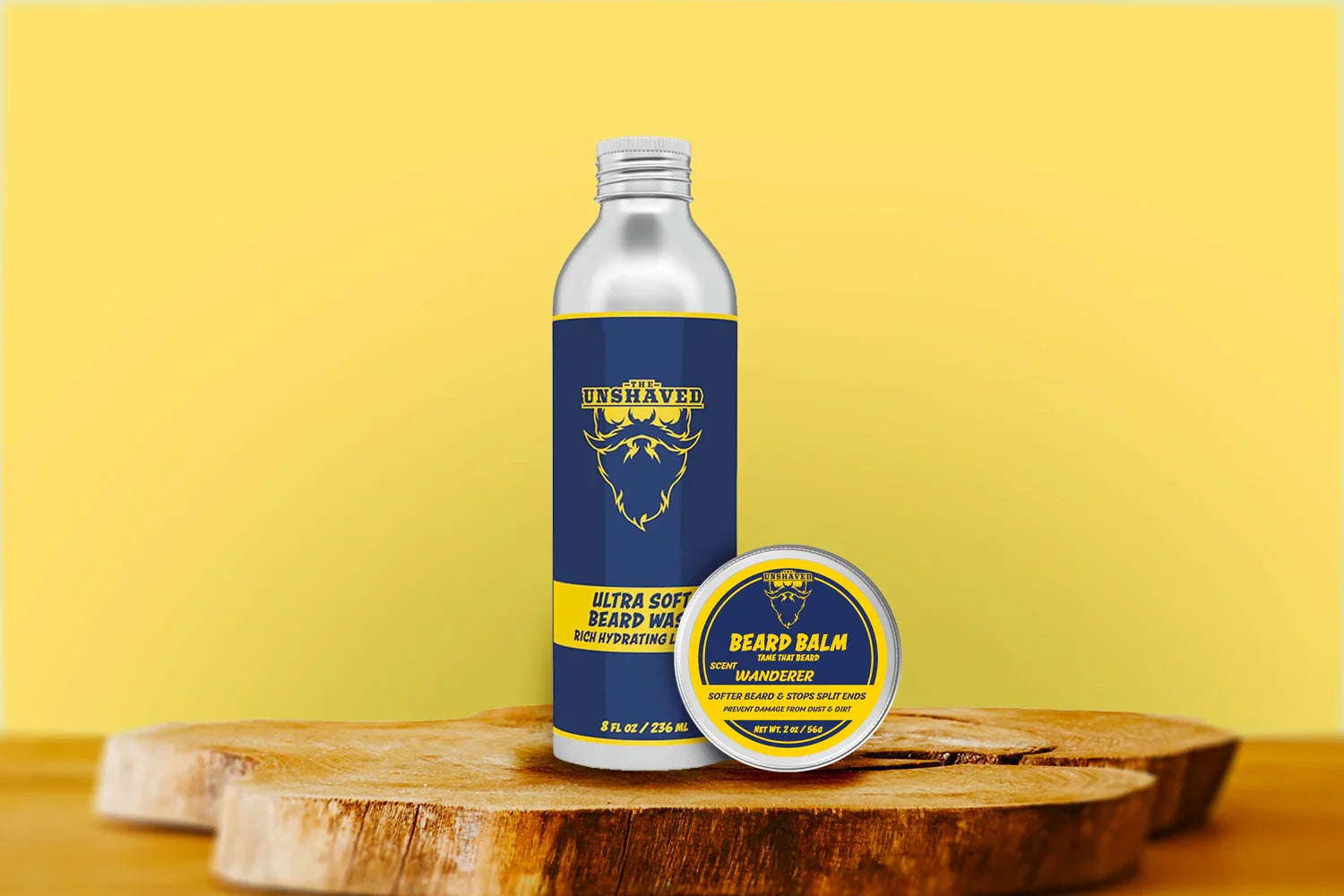 Beard wash and beard balm set on wooden slabs with blue and yellow labels, natural background